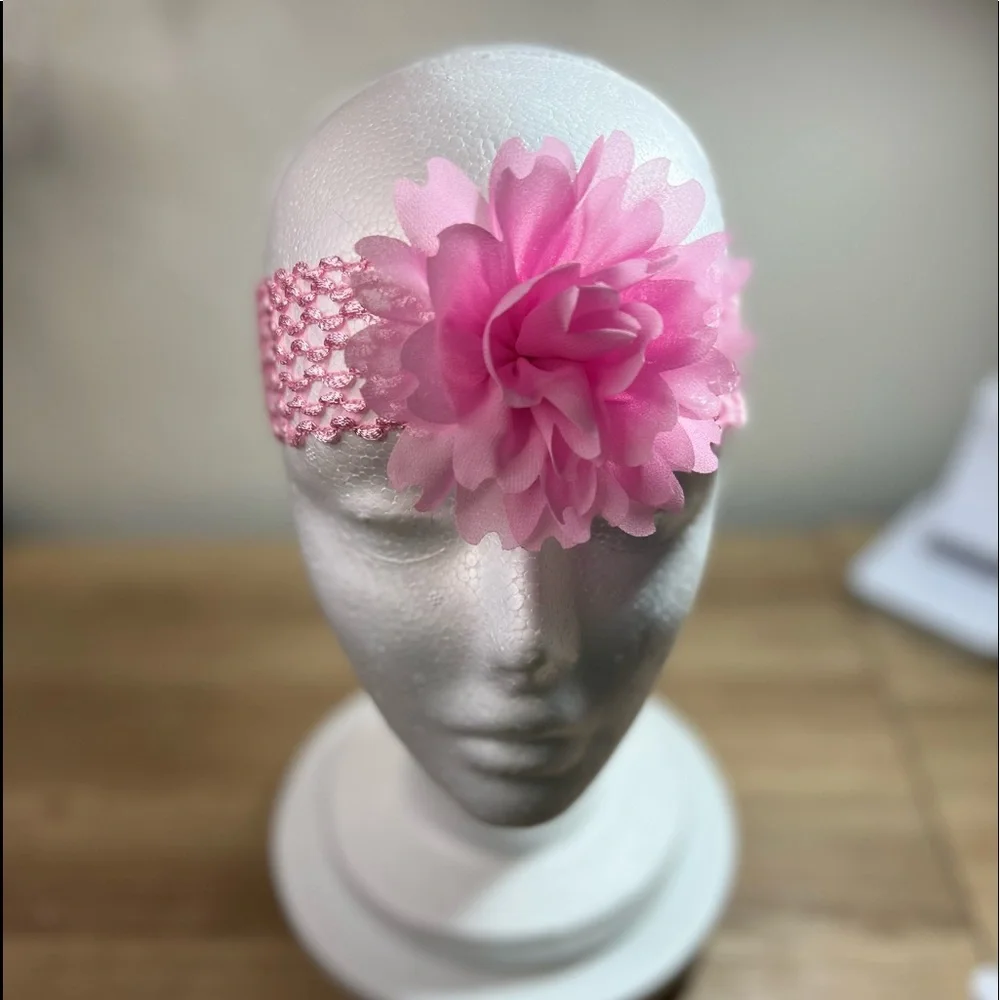 Baby Girl Pink Crochet Flower Headband | Soft Stretch Elastic | Newborn–Toddler